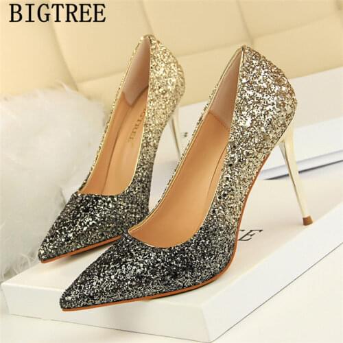 Glitter Heels Bigtree Shoes Luxury Heels Wedding Shoes Bride Black Pumps Women High Heels New Arrival 2020 Plus Size Shoes Women