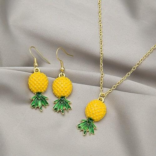 U-Magical Temperament 2pcs Yellow Ruit Green Leaf Pineapple Earrings Pendant Necklace Suit for Women Dangle Earrings Jewellery