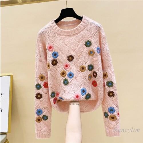 Vintage Embroidered Flower Crocheted Pullover Sweater Womens 2021 Spring Autumn New Loose Lady Knitwear Nancylim