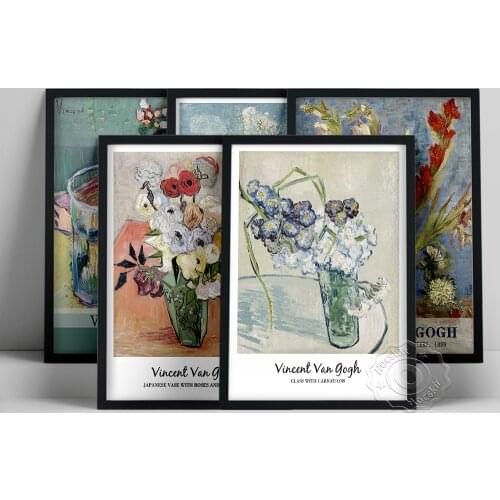 Vincent Gogh Exhibition Poster, The Pink Peach Tree Prints, Still Life Glass With Carnations Painting, Gogh Flower Leaf Wall Art