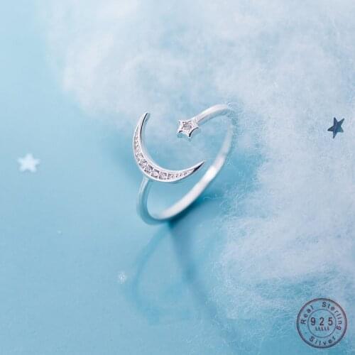 WANTME Opening Adjustable Cute Minimalist Star Moon Rings for Women Genuine 100% 925 Sterling Silver Fine Jewelry Accessories