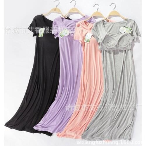 Modal Womens Nightdress Summer with Bra Cup Lengthened Nightgown Short Sleeve Skirt Home Dress Sleepwear Sleepwear Night Wear