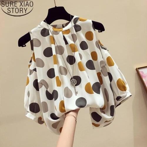 Korean Fashion Loose Lantern Sleeves Vintage Blouses Women Plus Size Summer New Strapless Polka Dot Printed Chiffon Shirts 14504