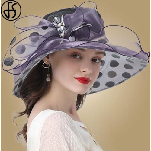 FS Pink Red Flower Ladies Church Hats Summer Large Wide Brim Fedora Hat For Women Organza Hat Beach Sun Kentucky Derby Hat