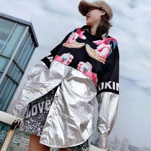 Womens spring cartoon bead stitching bright fabric mid-length spliced shirt women Y594