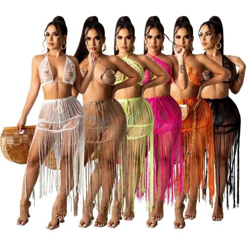 Echoine Sexy Two Piece Swimsuit Backless Crop Top Tassel Midi Dresses 2021 Women Summer Beachwear Clubwear Matching Outfits