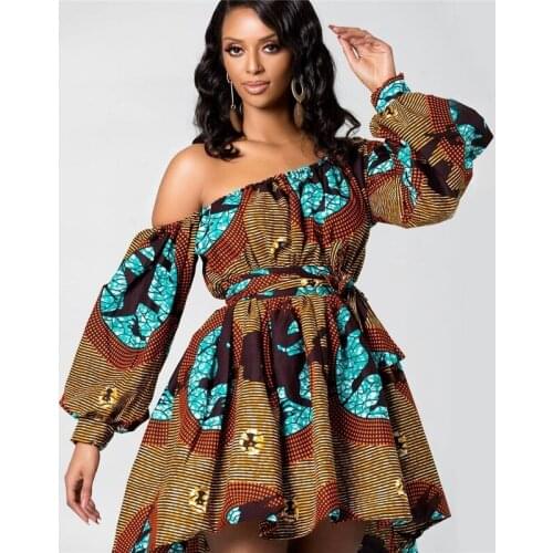 2021 Ladies New Mini Dress, African Ladies Embroidery Printed Fluffy Two-piece Top Sexy Slanted Shoulder Elastic Shrink Dress