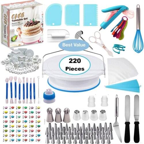 220PCS/Set Cakes Turntable Kit Plastic Rotary Baking Stand Piping Nozzle Piping Bag Set Cake Accessories Cakes Tools