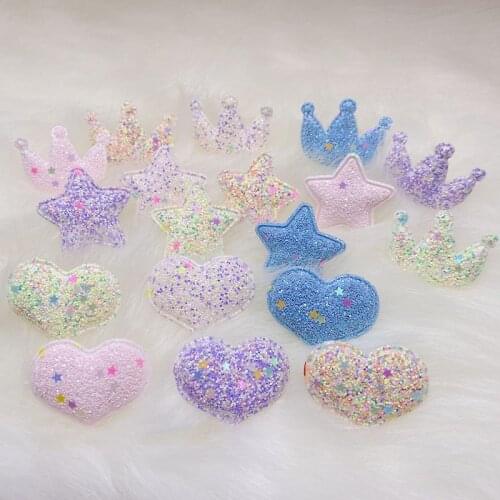 30Pcs/Lot shiny colorful star ，heart and crown Padded Applique For DIY Clothesl Decoration Hair Clip Accessories