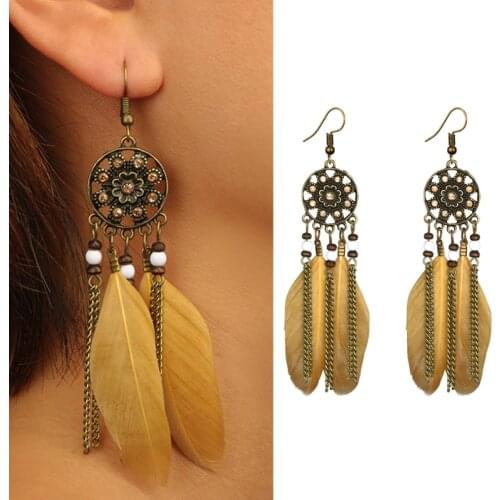 Boho Hollow Round Dream Catcher Feather Earrings for Woman Bohemian Long Tassel Feather Pendant Earrings Fashion Party Jewelry