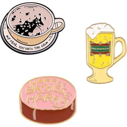 Birthday Cake Beer mug Coffee cup shaped broochCute red yellow pink creative pin For children Friends gift badge