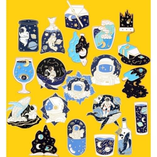 Space Series Enamel Pins Galaxy Planet Astronaut Star Moon Whale Custom Brooches Badge Gift for Women Men Universe Lover