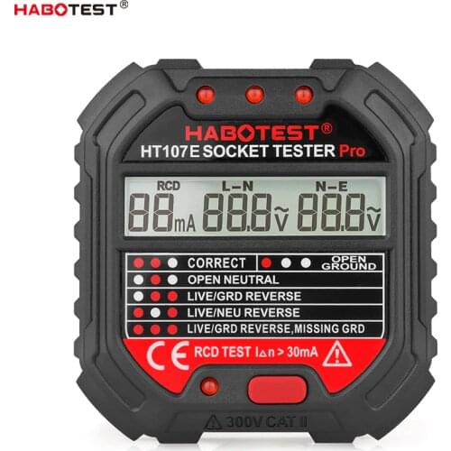 HABOTEST HT107 UK Plug Socket Outlet Tester Voltage Detector Ground Zero Line Polarity Phase Check RCD 30mA Socket Detector