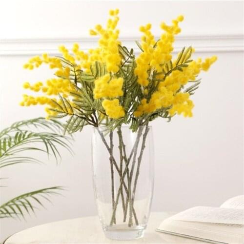 38cm Fake Acacia Artificial Flowers Yellow Mimosa Plush Pudica Spray Cherry Fruit Branch Wedding Home Decoration Flower Bouquet