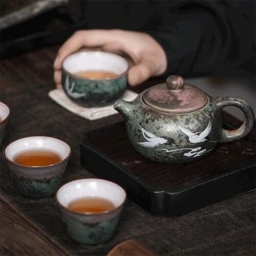 Ceramic Hand Painted Crane Tea Pot Handmade Retro Tea Maker Travel Portable Kettle Coarse Pottery Kiln Change Tea Cup Tea Set