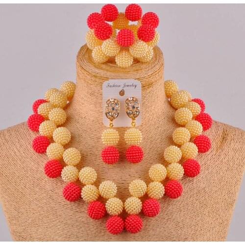 Red and champagne gold nigerian wedding african beads jewelry set simulated pearl csotume necklace FZZ110