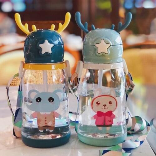 Cute Cartoon Antler Kettle, Childrens Straw Cup, Learning Drink Cup, Boys and Girls' Leakproof Portable Water Cup for Primary