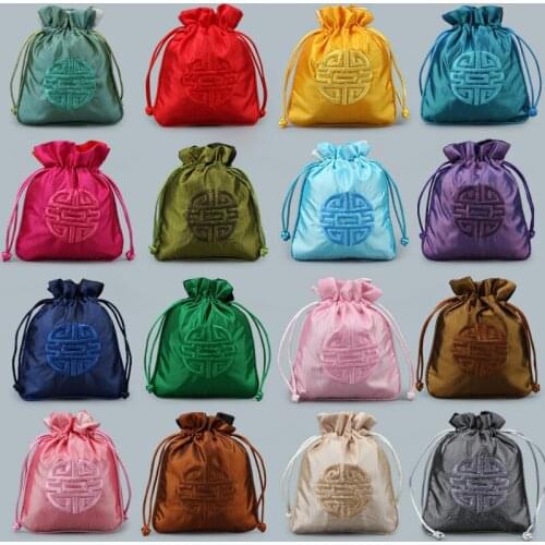 Latest Chinese Ethnic Craft Gift Bag for Jewelry Pouch Packing Bag Small Embroidery Lucky Satin Cloth Drawstring Storage Bags