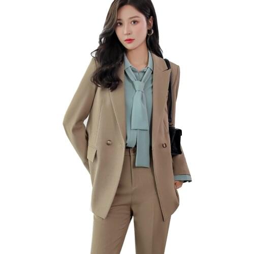Fashion Ladies Blazer Pant Suit Formal Women Female Black Blue Khaki Office Work Single Breasted Jacket and Trouser 2 Piece Set