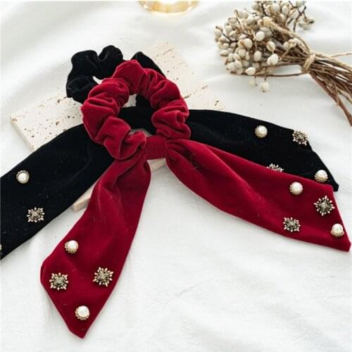 Elastic Hair Bands Long Streamers Female Hair Accessories Vintage Trendy Red Black Bow Hair Rope Velvet Ribbon Scrunchies