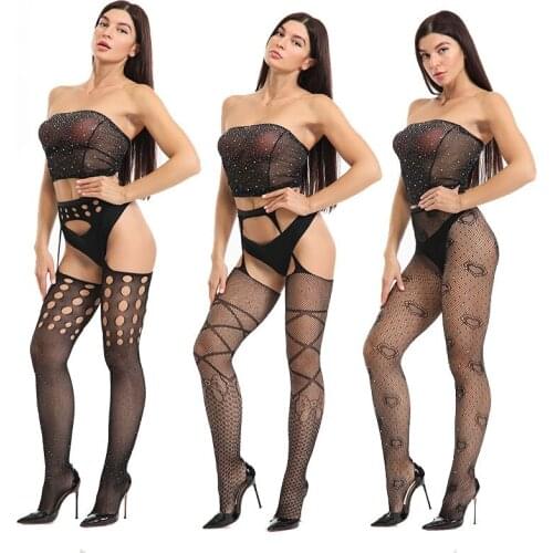 Sexy Fashionable Black Lace and Striped Fishnet Stockings, Thin Hollow Open Crotch Erotic Underwear Set,Female Net Yarn Clothing