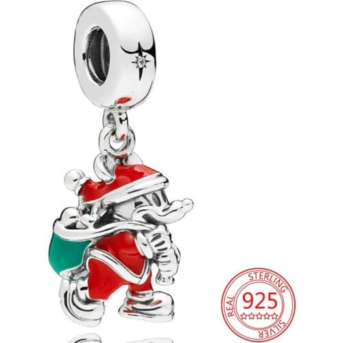 Real 925 Sterling Silver Red Enamel Santa Bag Charm Fit Pandora Bracelet DIY Pendant Accessories