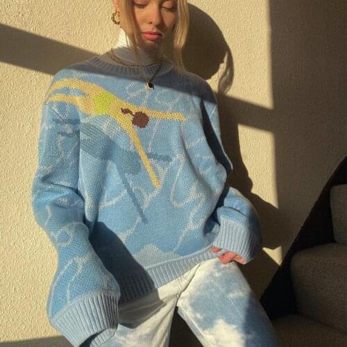 Fashion Winter Women Sweater Printed Knitted Long Sleeve Lovers Sweater Top Loose Pullover Blue Sweater Oversized Streetwear Ins