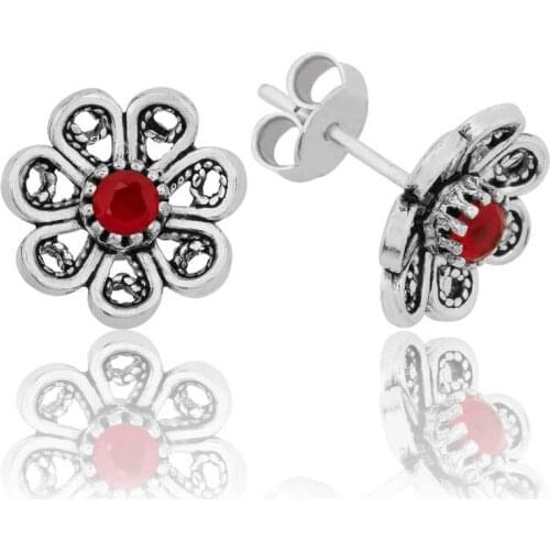 Tevuli 925 Sterling Silver Red Filigree Flower Studded Earrings