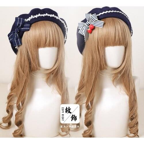 Japanese Sweet Versatile Bow Wave Warm Hat Beret Winter Soft Girl Classic Painter Cap Dark Blue Navy Plaid French Lolita Beret