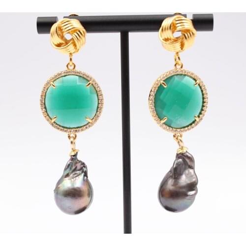 GuaiGuai Jewelry Natural Black Baroque Pearl Green Jade Coin CZ Paved Golden Flower Stud Earrings CZ Fitting Handmade For Women