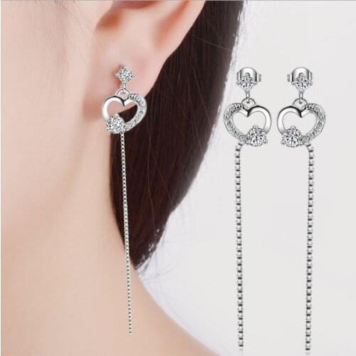 KOFSAC Charm Silver 925 Stud Earrings For Women Luxury Crystal Zircon Love Heart Long Tassel Ear Line Earring Jewelry Brincos
