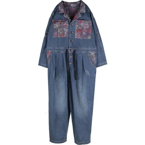 Women European Overalls Blazer style Long Sleeve Cowboy Jumpsuit Streetwear Baggy Wide Leg Jean Overall Original Denim Rompers
