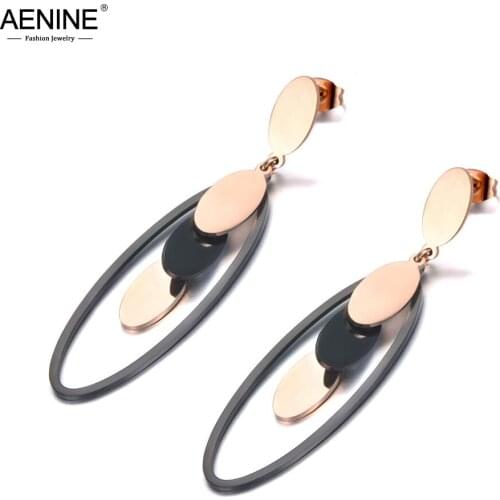 AENINE New Stainless Steel Bohemia Geometric Earrings Jewelry Trendy Rose Gold 5Pcs Oval Shape Dangle Earrings For Women AE19133