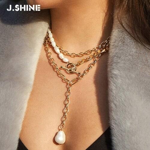 JShine Gothic Gold Color Link Chain Simulated Pearl Necklace Stackable Choker Necklace for Women Statement Wedding Jewelry