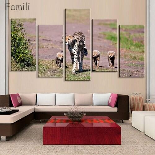 Frameless 5 Panel Canvas Wall Art Pictures Modern Large Size HD Printed Cheetah African Oil Painting Cuadros Decor for Bedroom
