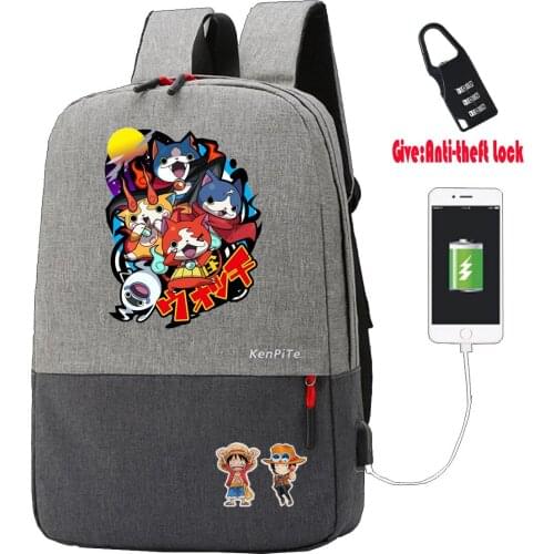 Anime Youkai Watch Canvas Rucksack Anti-theft USB Charging Laptop Backpack Travel Bagpack student book bag School Bags