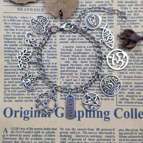 Antique Silver Plated Manual Religion Series OM Horus Jesus Fish Peace Signs Chain Bracelet Male Birthday Gift CW043-044