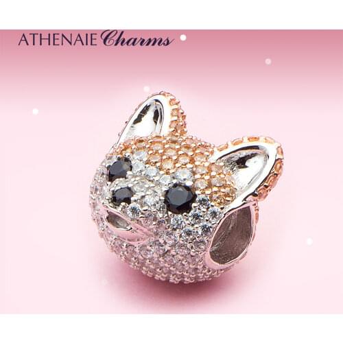 ATHENAIE 925 Sterling Silver Corgi Pet Charms Mixed CZ Yellow Cute Akita Puppy Dog Animal Charms Beads for Bracelet Jewerly