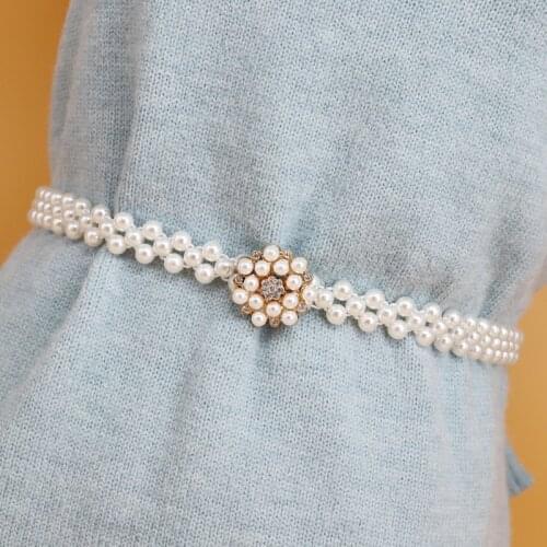 Elegant Women Pearl Belt Waist Belt Elastic Buckle Pearl Chain Belt Female Girls Dress Crystal Strap