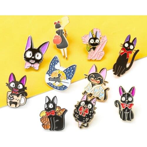 Cute Witch Kiki & JiJi Black Cat Enamel Pin Kawaii Cartoon Movie Pins Badge Brooch Ghibli Anime Fans Lapel Jewelry DIY Decor