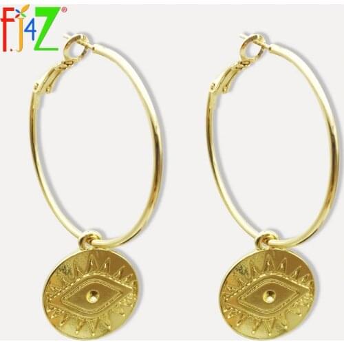 F.J4Z New Hot Fashion Eye Hoop Earrings Fashion Vintage Alloy Turkey Evil Eye Coin Charm Earring Women Boucles d'oreilles femmes