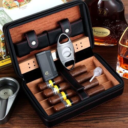 Cedar Wood Cigar Humidor Box Travel Leather Cigar Case W Lighter Cutter Cigar Accessories , 8 Gram Humidifier Bag As Gift
