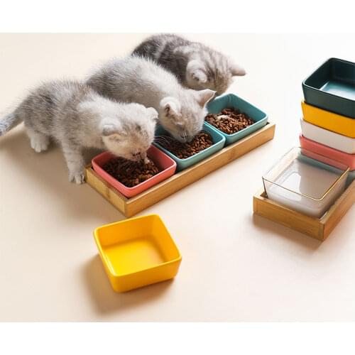Cat Puppy Square Ceramic Bowl With Wood Stand And Dish Sturdy Durable Small Pet Feeder Multiple Color Accessories Supplies #P030