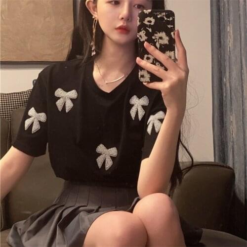 Korean Summer Fashion Tee Cute V-Neck Sweety Hot drilling Pearl Bow Design Short Sleeve Pullover T-Shirts Loose Casual White Tee