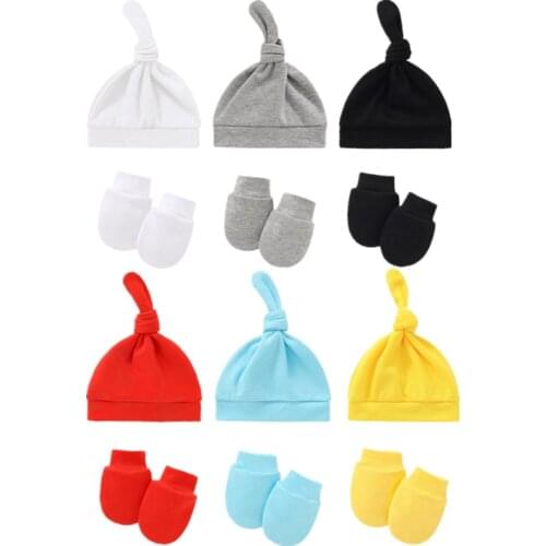 Soft Cotton Baby Anti-scratching Gloves Knotted Hat Set Newborn Warm Bonnet Beanie Cap Infants Mittens Baby Shower Gifts