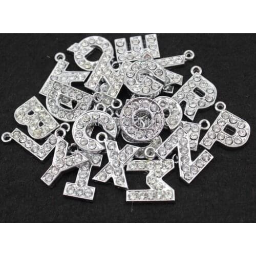 Set of 26 pcs stainless steel shiny polished rhinestone paved Alphabet Letter rhodium color pendants DIY kits (from A to Z)