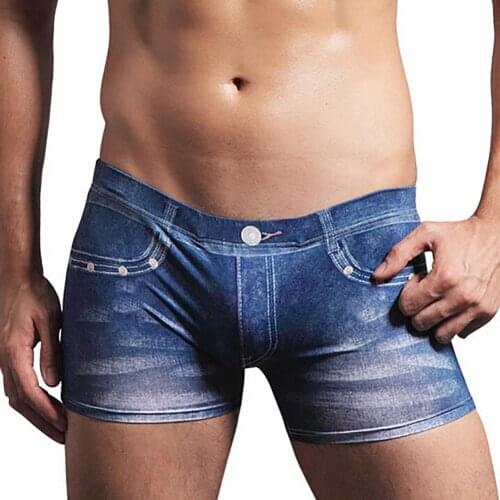 Denim Pattern Fake Jeans Print Cotton Men Boxer Briefs Underwear Underpants