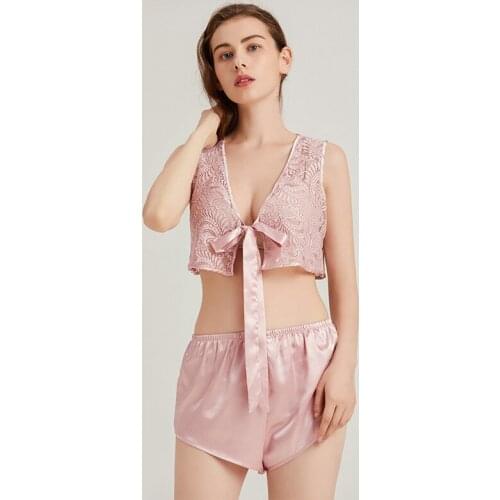 Sexy Hollow Out Lace Floral Women Pink Pajamas Set V-Neck Tie Bow Vest&Shorts Pyjamas Sleepwear Nightwear Summer Bride Home Wear