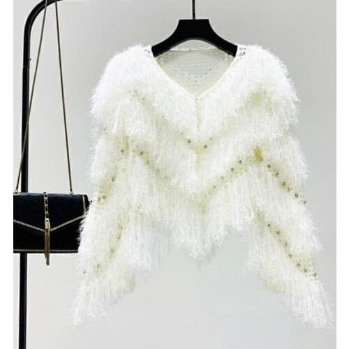 Luxury Rhinestone Tassels Sweater Coat Irregular Crocheted Sequins Fringed Knit Cardigan Bat Sleeve Hollow Beaded Faux Fur Tops