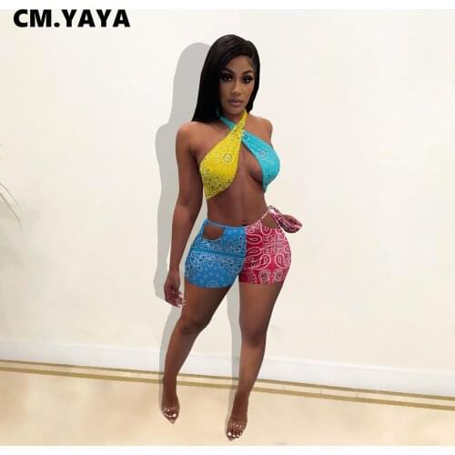 CM.YAYA Halter Crop Tops Drawstring Waist Hollow Out Shorts Set Women Sexy Two Piece Sets Female High Street Outfit Summer 2021